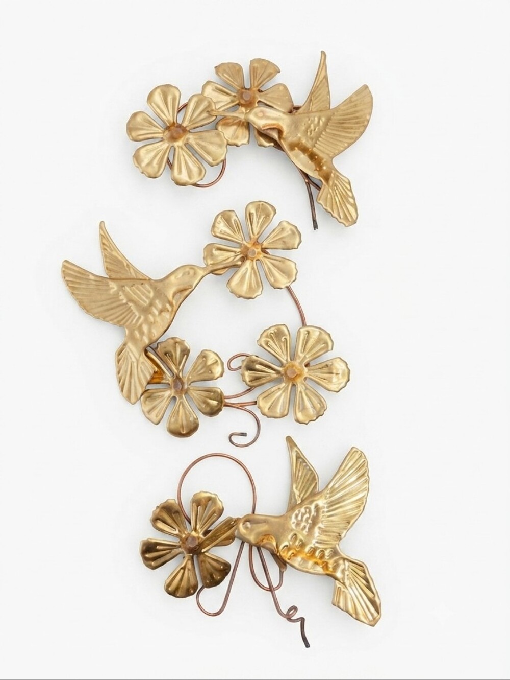 Vintage Mid Century Modern Gold Tone Metal Hummingbird Wall Hangings, Set of 3